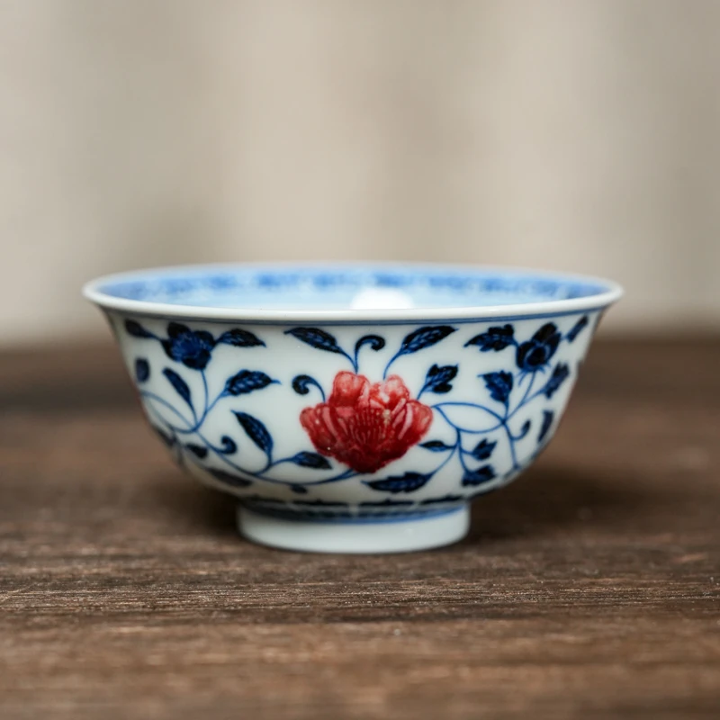 【墨舍名窑】屹朴青花釉里红缠枝四季花卉撇口杯（yipu79）