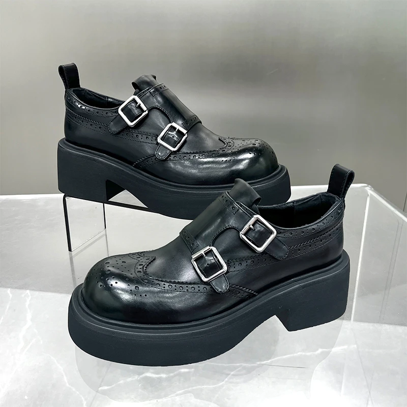 【左右华菲】5.5cm欧货布洛克时尚厚底乐福鞋2025春季新款真皮单鞋