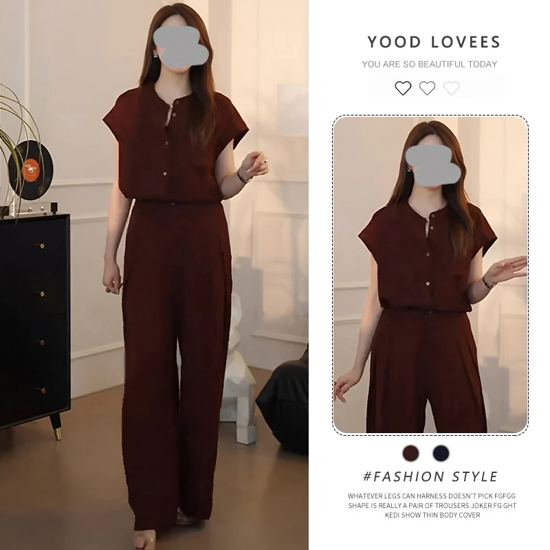 法式时尚套装女2025夏季洋气慵懒风无袖衬衫高腰显瘦阔腿裤两件套