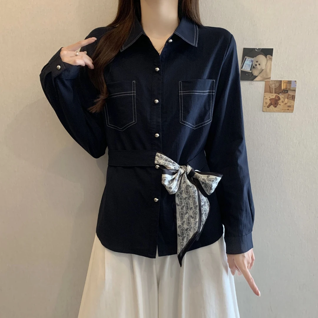 大码设计感丝巾系带长袖衬衫女春秋新款胖MM显瘦百搭洋气收腰上衣