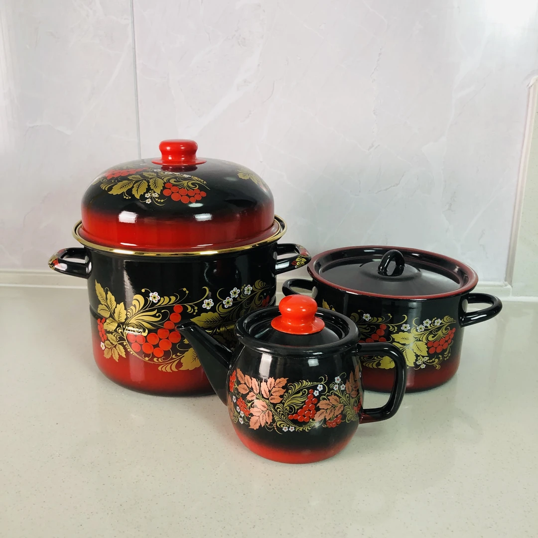 【新疆包邮】黑红花纹锅具三件套网红高档家用简约大容量中式带盖