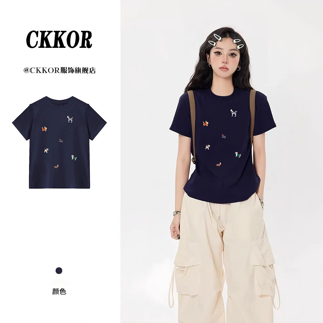 CKKOR夏季新款小狗印花小众设计款慵懒休闲宽松圆领短袖T恤女上衣