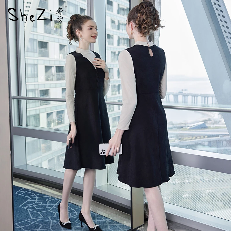 奢姿2025年春季新款时尚大码女装胖妹妹气质立领拼接撞色连衣裙