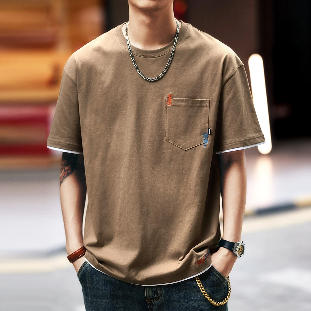 格蓝鹿高端日系复古口袋设计短袖t恤男夏季新款宽松圆领半袖上衣