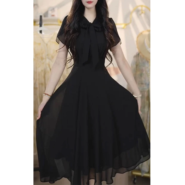 L581短袖连衣裙2025夏季新款时尚气质收腰遮肉显瘦黑色中长款裙子