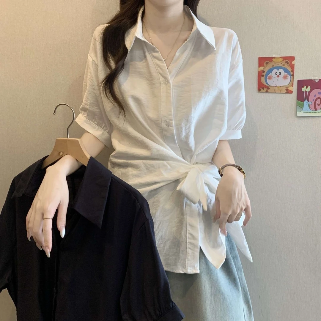 夏季爆款不规则收腰系带显瘦短袖衬衫大码女装胖mm遮肚子衬衣上衣