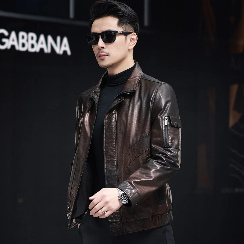 070时尚男士真皮皮衣男短款翻领皮夹克头层牛皮外套休闲春秋修身