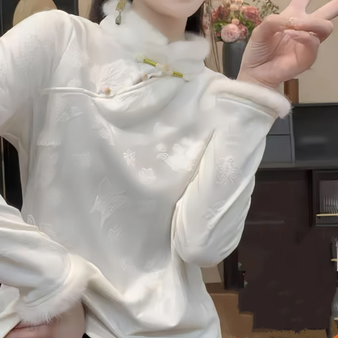 【沐菡】秋冬新款打底上衣新中式国风宽松立领提花长袖T恤衫女