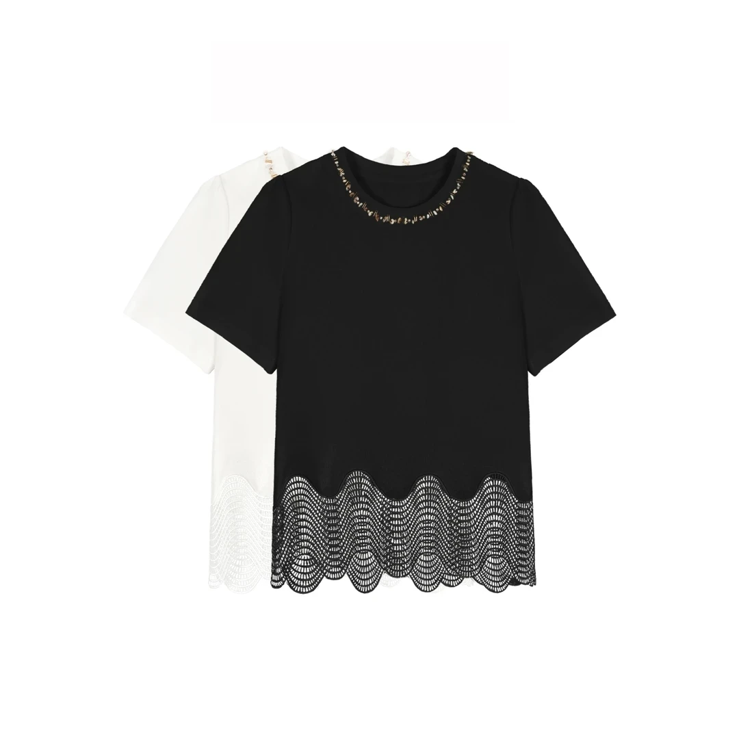 月光罗曼史|2025年法式气质慵懒风小众复古手工订珠水波浪镂空T恤