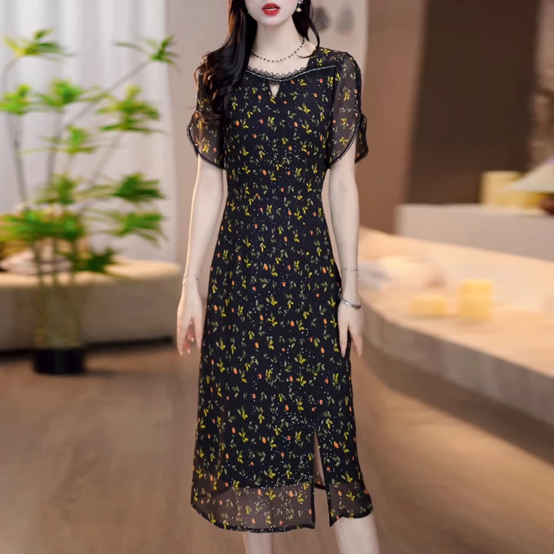 高级乔琪丝碎花礼服连衣裙夏季2025年新款中青年气质修身显瘦裙子