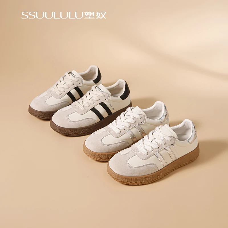 SSUULULU/塑奴纯色春季系带休闲板鞋黑白平底鞋复古度假风国风