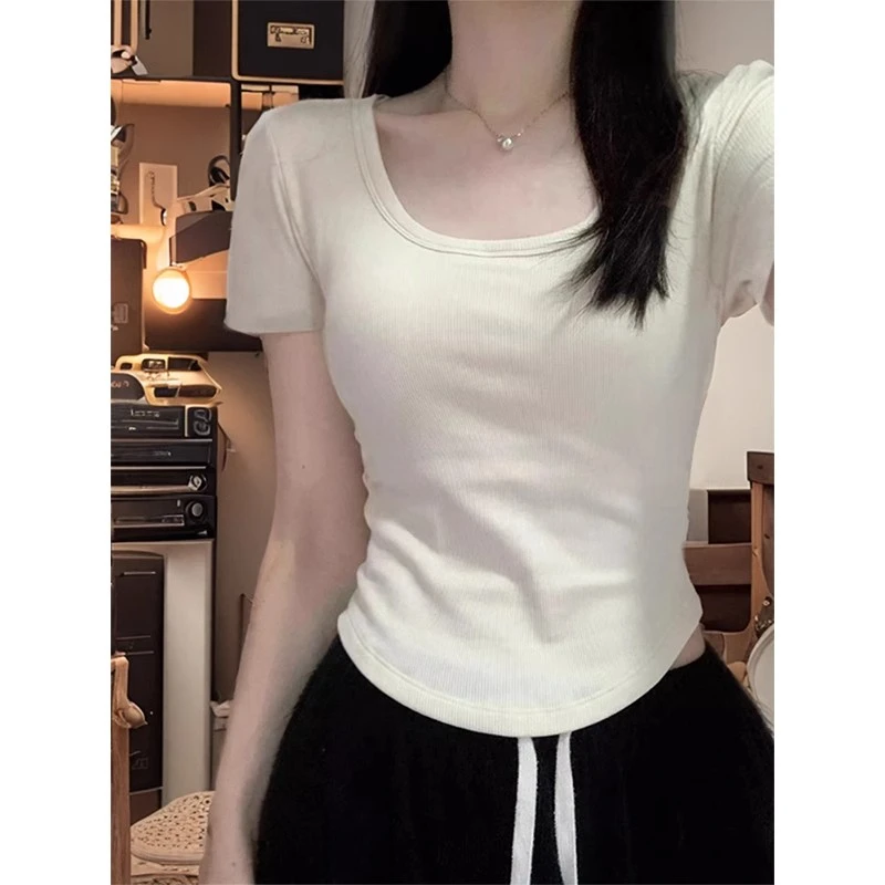 方领弧形短袖T恤女辣妹修身显瘦短款冰丝螺纹上衣夏季短款打底衫