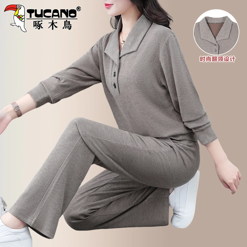 啄木鸟女士休闲运动套装2025春秋新款中年妈妈时尚减龄卫衣两件套