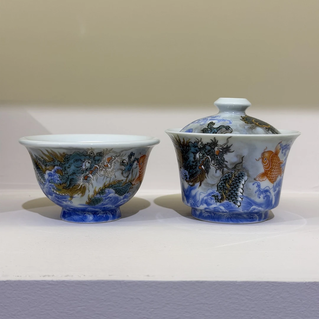 【念物山坊新品】新品青花粉彩鱼化龙套组 盖碗加单杯