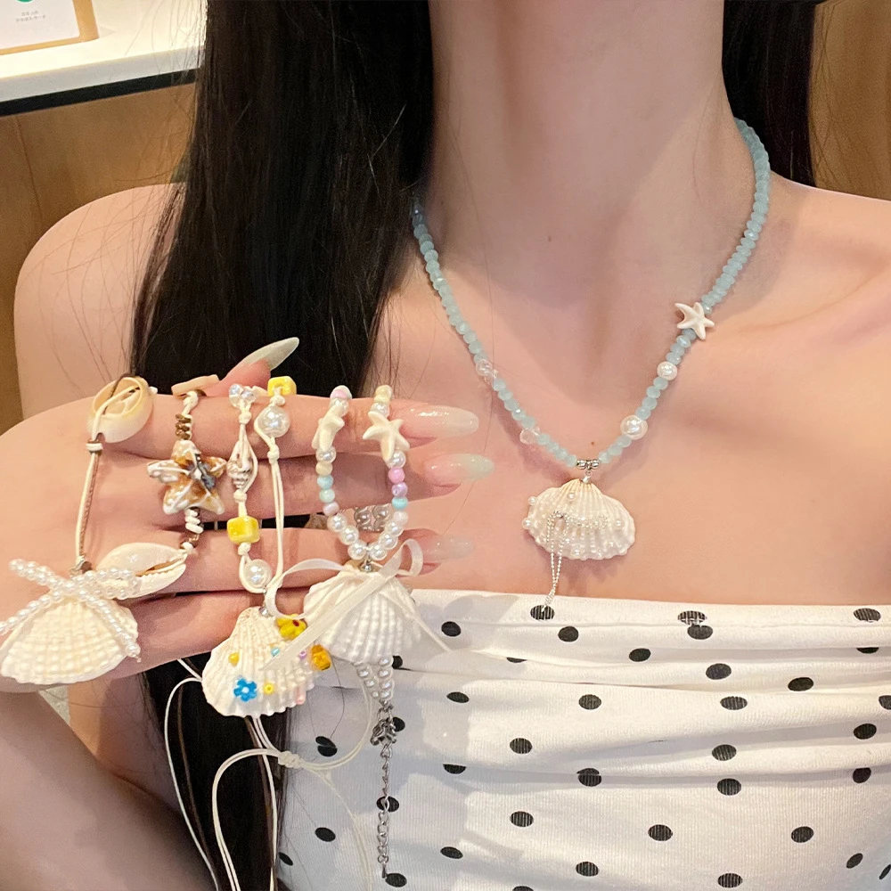 非金属仿珍珠项链 海边度假风贝壳串珠项链夏季多巴胺海星锁骨链