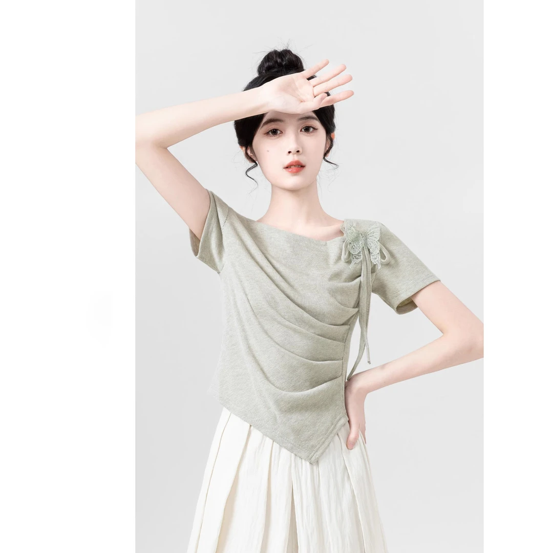 T恤洋气法式不规则短袖恤女夏新款设计感收腰显瘦体恤气质上衣