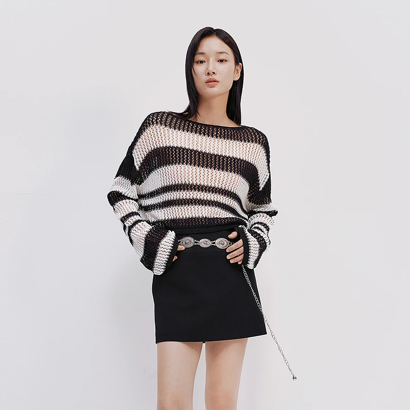 【商场同款】HPLY荷比俪夏女含棉镂空条纹休闲针织衫HYF24650479