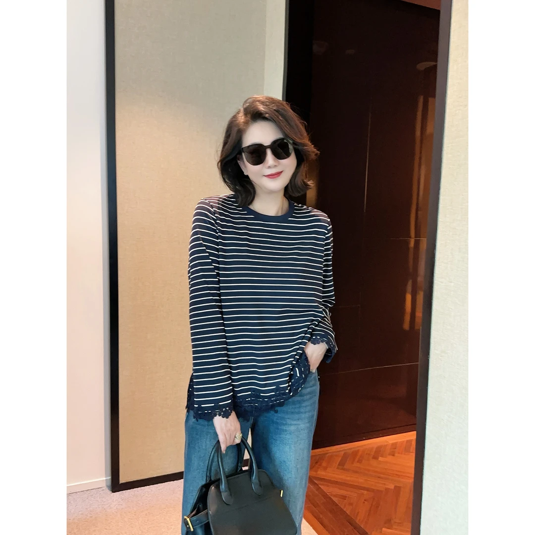 微胖女装【条纹邂逅】海军风蓝条纹拼接蕾丝边长袖T恤上衣春季20617