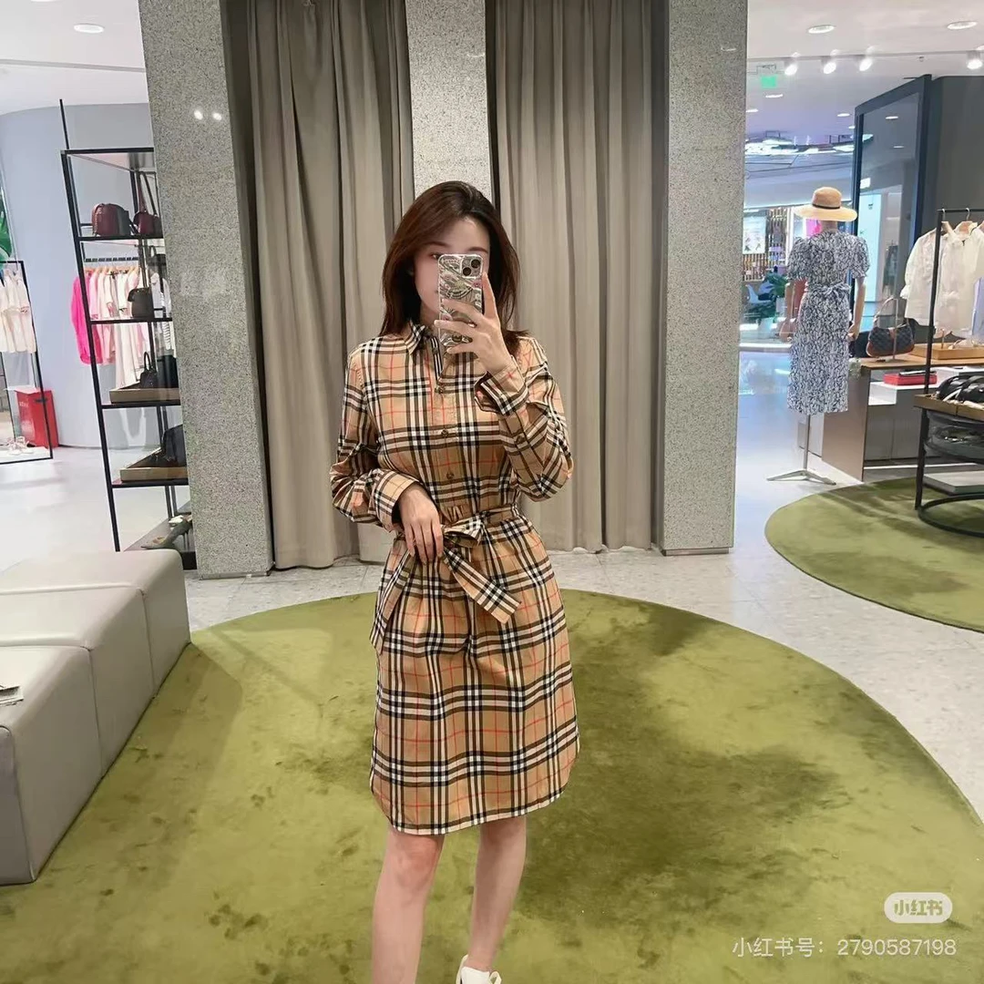99新 BURBERRY/博柏利 yyy 经典格纹衬衫连衣裙 34码 608378