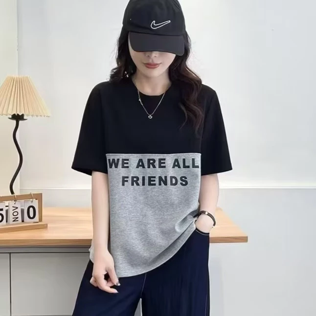 夏季大码圆领字母印花拼色时尚显瘦百搭洋气女士宽松休闲短袖T恤