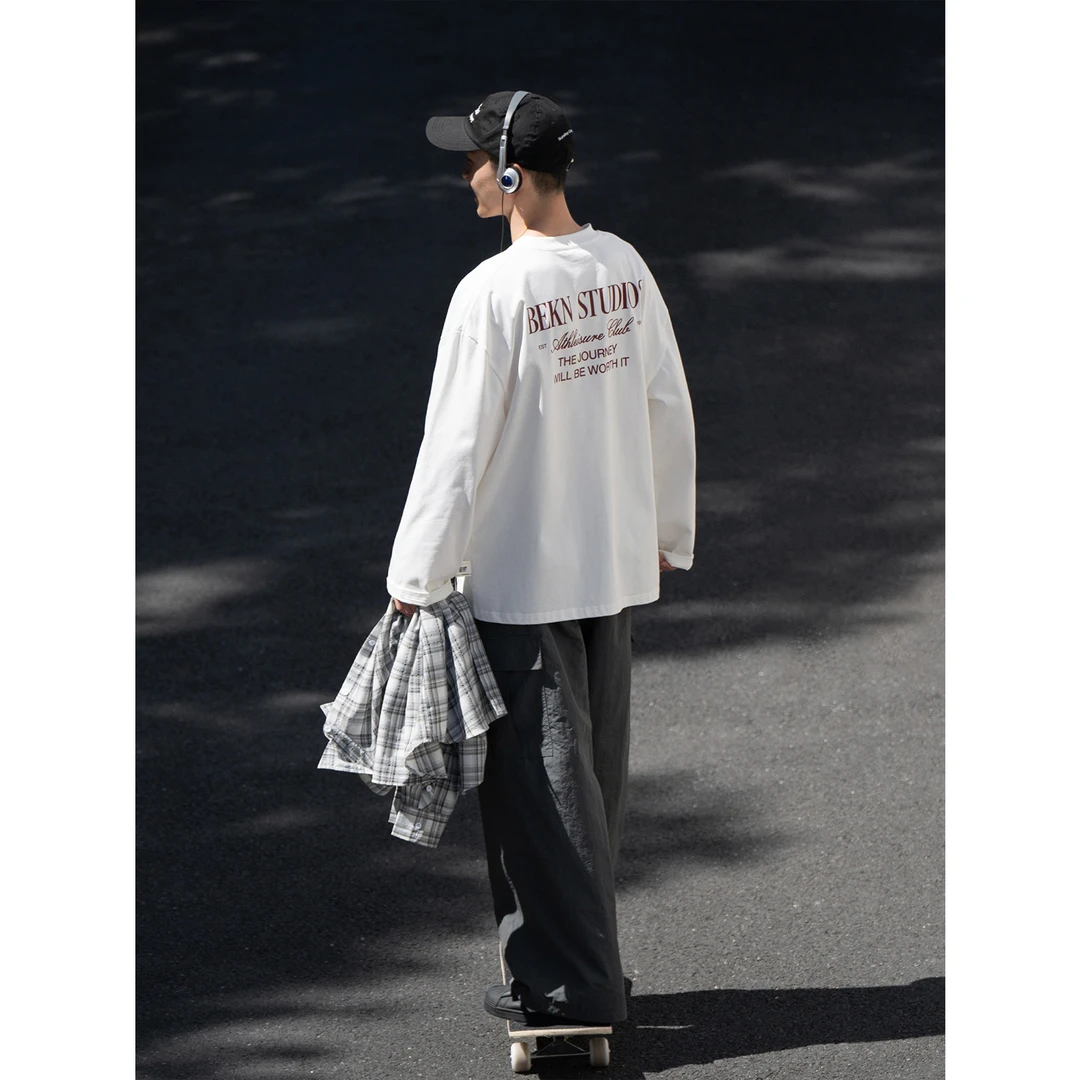 BELLKENIDEA 背后复古印花设计宽松休闲长袖T恤男女百搭上衣打底