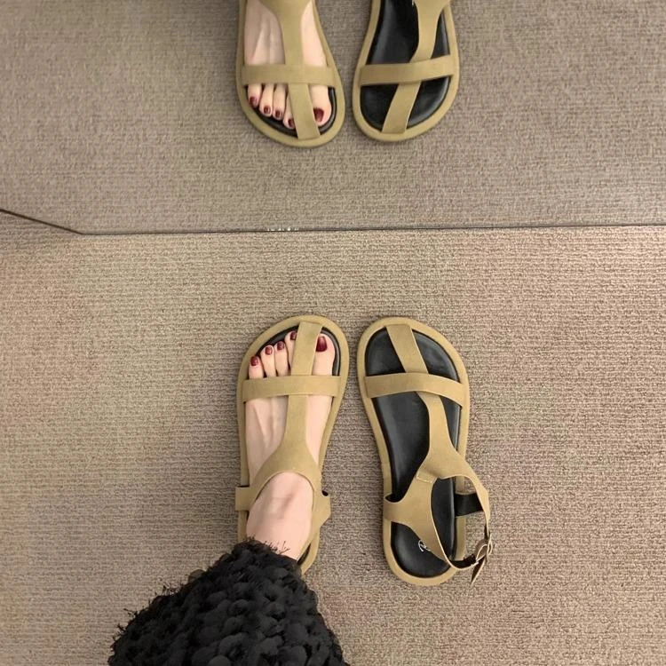 平底法式复古露趾凉鞋仙女鞋子年夏季新款圆头百搭沙滩罗马鞋