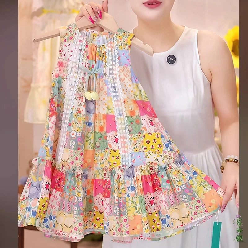 女童碎花无袖连衣裙2025新款夏季蕾丝背心公主裙海边度假风沙滩裙