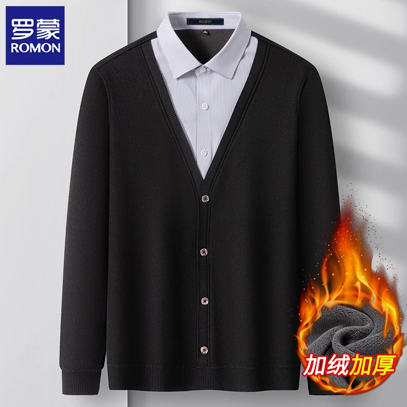 罗蒙25新款假两件加绒加厚衬衫男秋冬季新款男士保暖毛衣针织衫