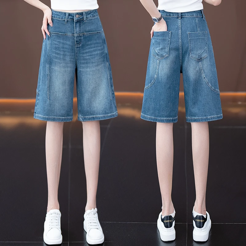 蓝色a字五分牛仔短裤薄款夏季新款大码女胖mm宽松阔显瘦腿中裤子