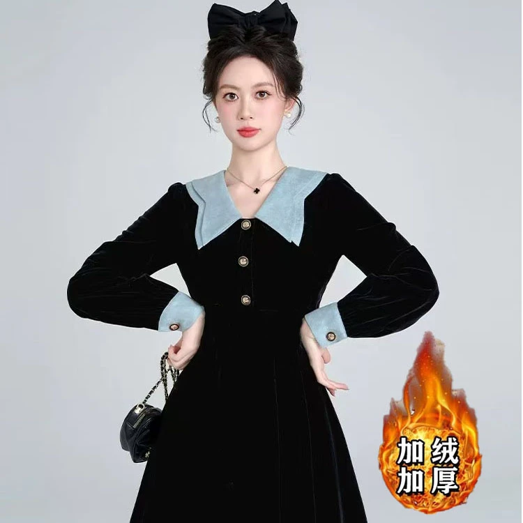 法式娃娃领黑色加厚连衣裙女冬季千金风气质收腰生日裙小礼裙1694