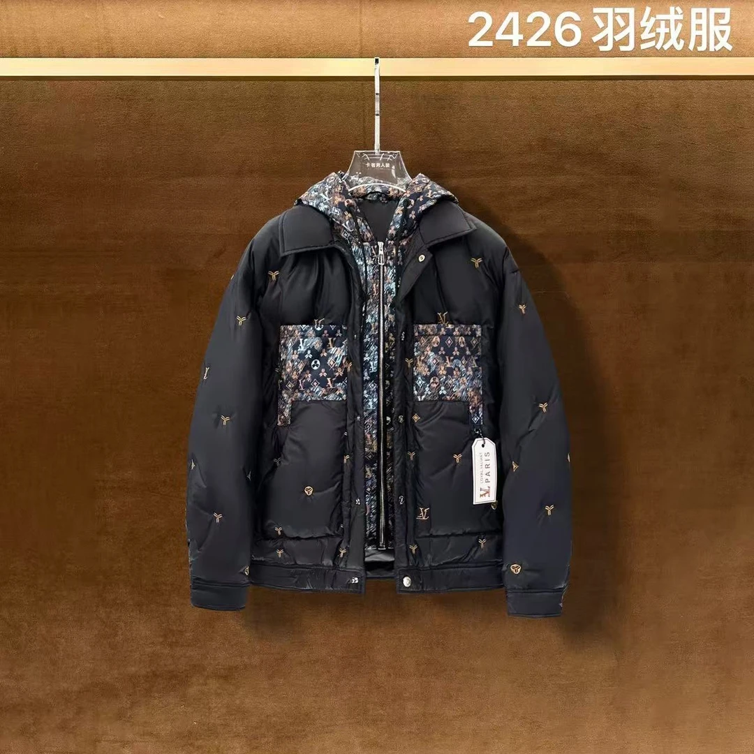 HI-2426-冬季情侣款连帽假两件加厚保暖老花刺绣百搭休闲男羽绒服