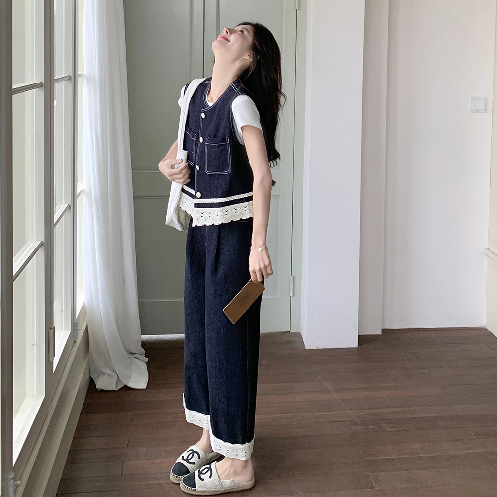 气质复古蕾丝拼接牛仔套装女2025夏季新款设计感马甲阔腿裤两件套