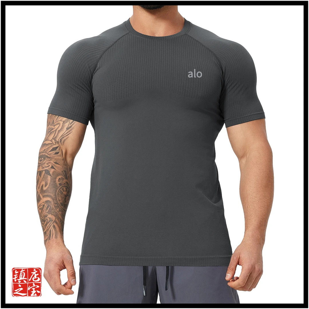 alo 春夏男款运动健身肌肉修身训练户外篮球跑步无缝速干短袖t恤