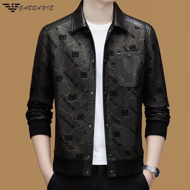 意大利专柜男士海宁皮夹克春秋季美式休闲翻领字母痞帅牛皮外套男