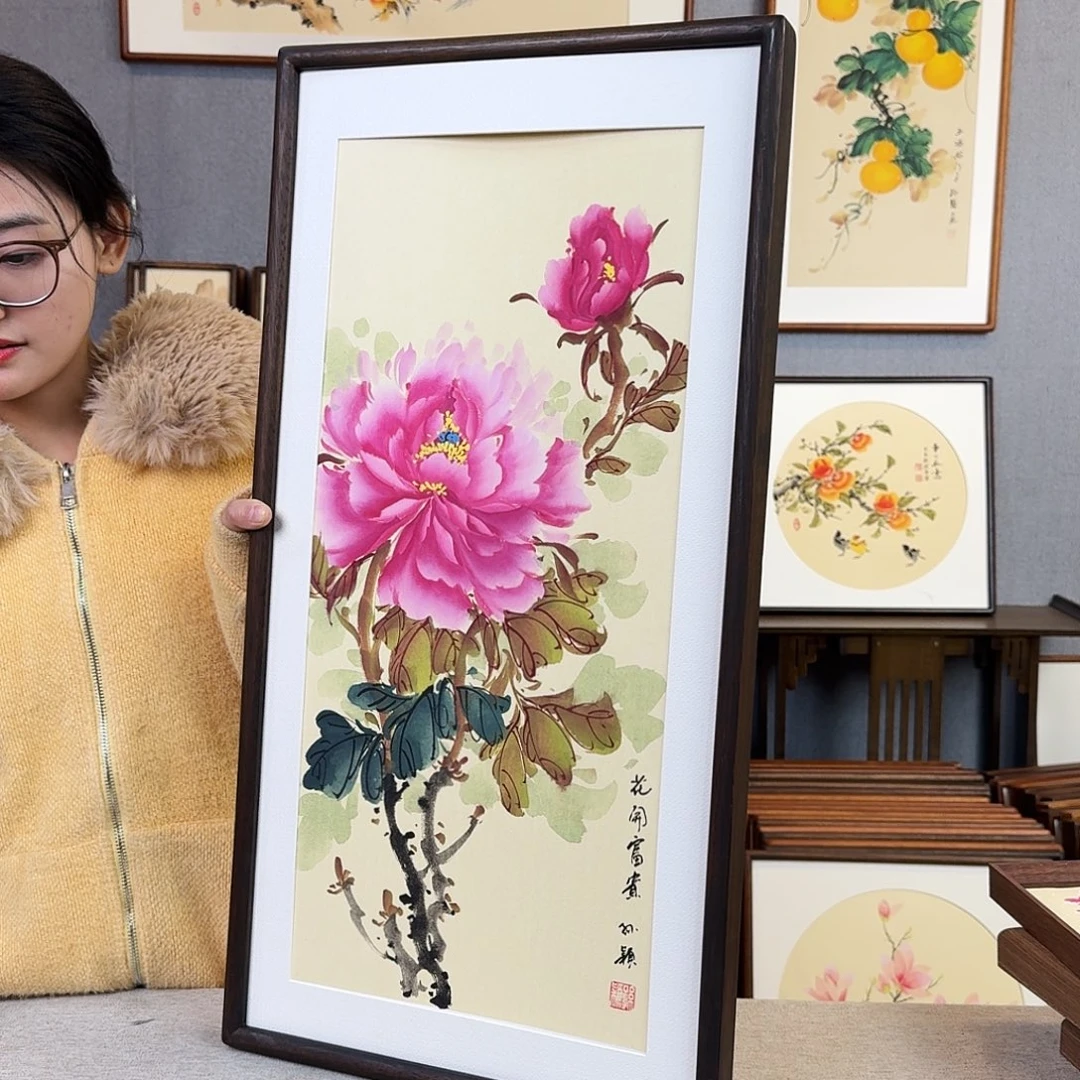 国画纯手绘，纯手写带框尺寸：36×69厘米