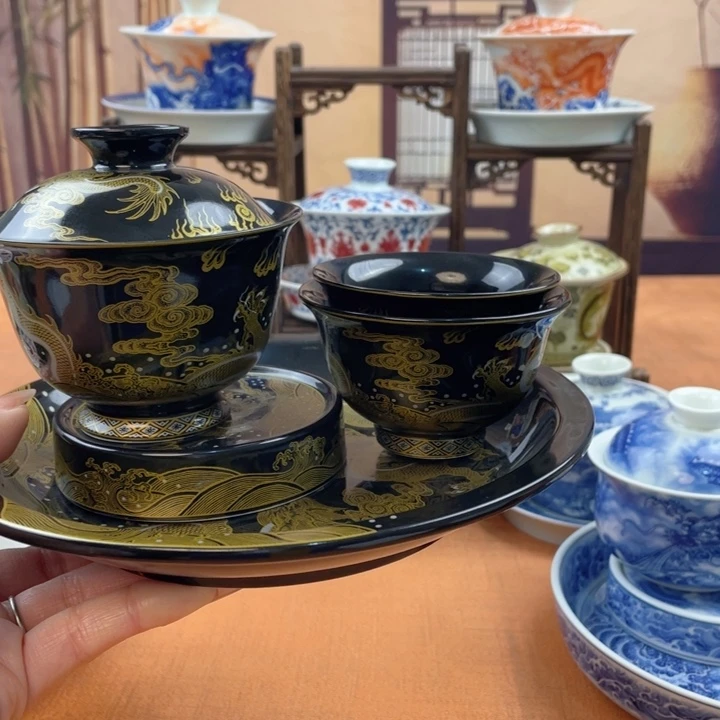 海***࿐摆件陶黑金龙六件套2个客杯