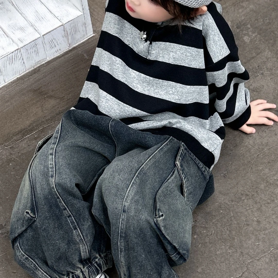 森系男女通用常规秋季男薄款套装复古慵懒风条纹宽松