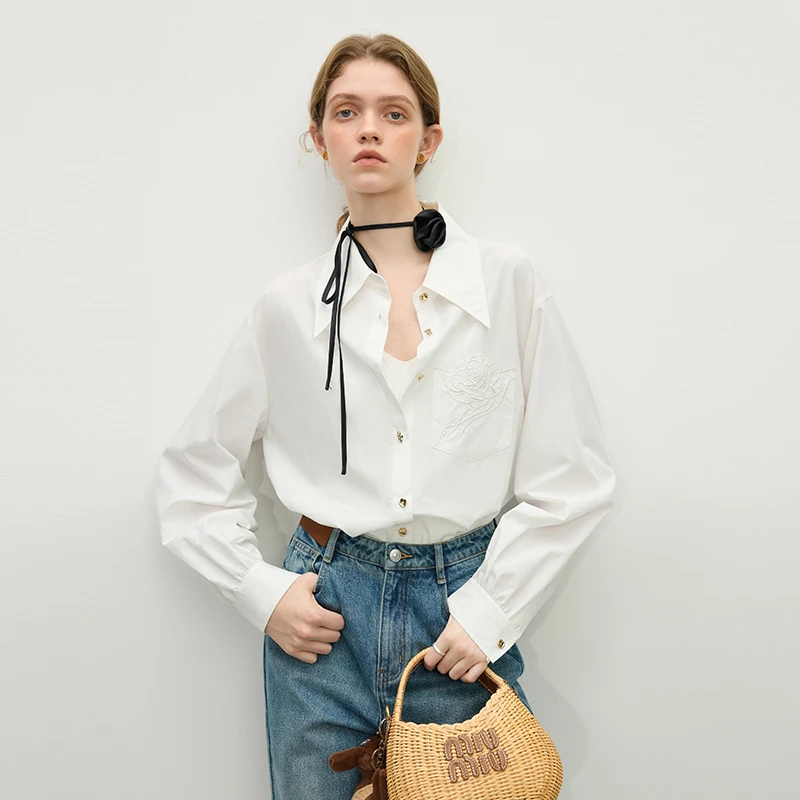 范思蓝恩常规拼接白色女装衬衣印花气质秋季翻领小众25FS11184