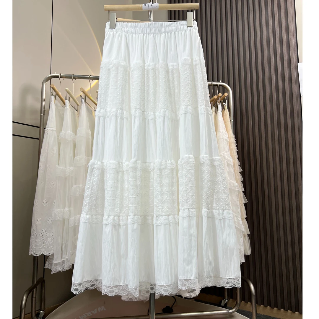 刺绣蕾丝花边蛋糕裙小个子半身裙女松紧高腰显瘦裙子百搭中长款裙