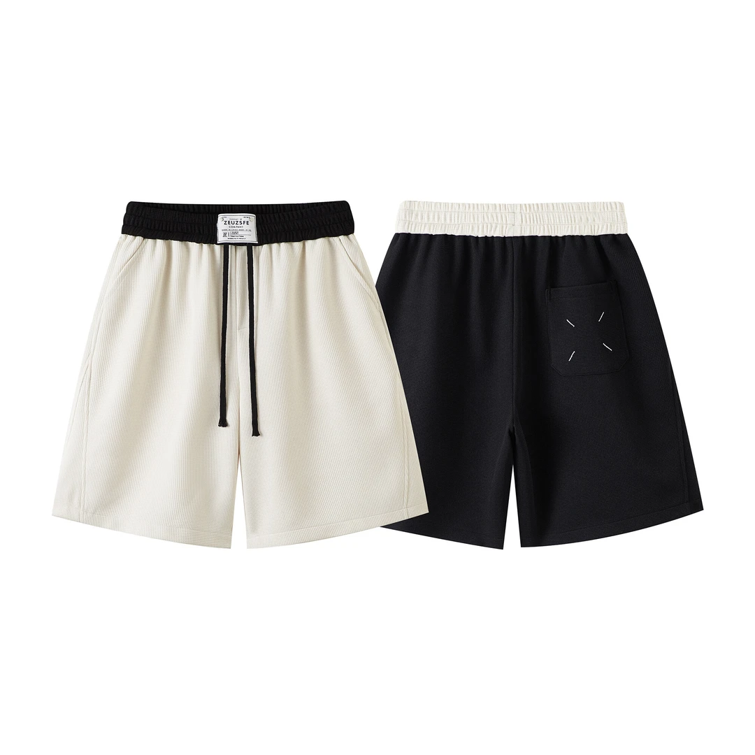 PLQV夏新款美式华夫格运动薄款直筒情侣大码高街百搭宽松条纹潮流