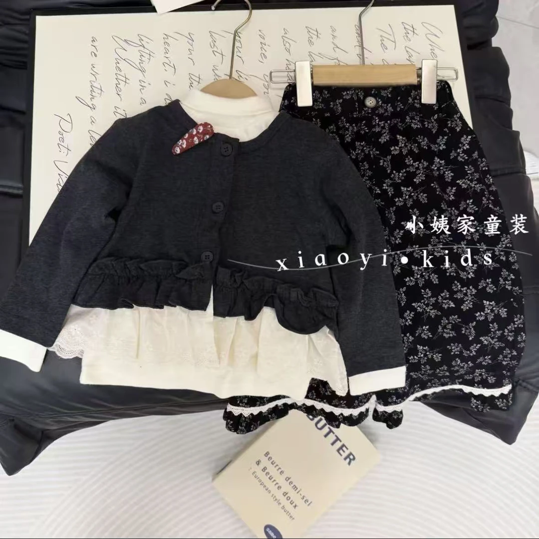 女童秋季森系套装2025新款公主风花边长袖打底衫洋气时髦三件套潮