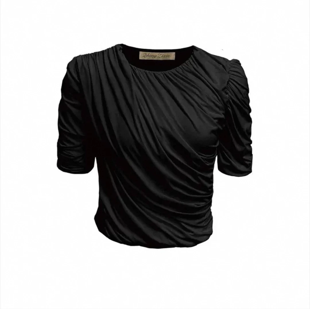 以类设计师品牌ZhongZiXin黑色圆领褶皱中袖上衣27993