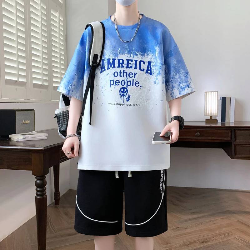 青少年短袖套装男孩夏季t恤高中初中生学生半袖体恤男孩短裤一套