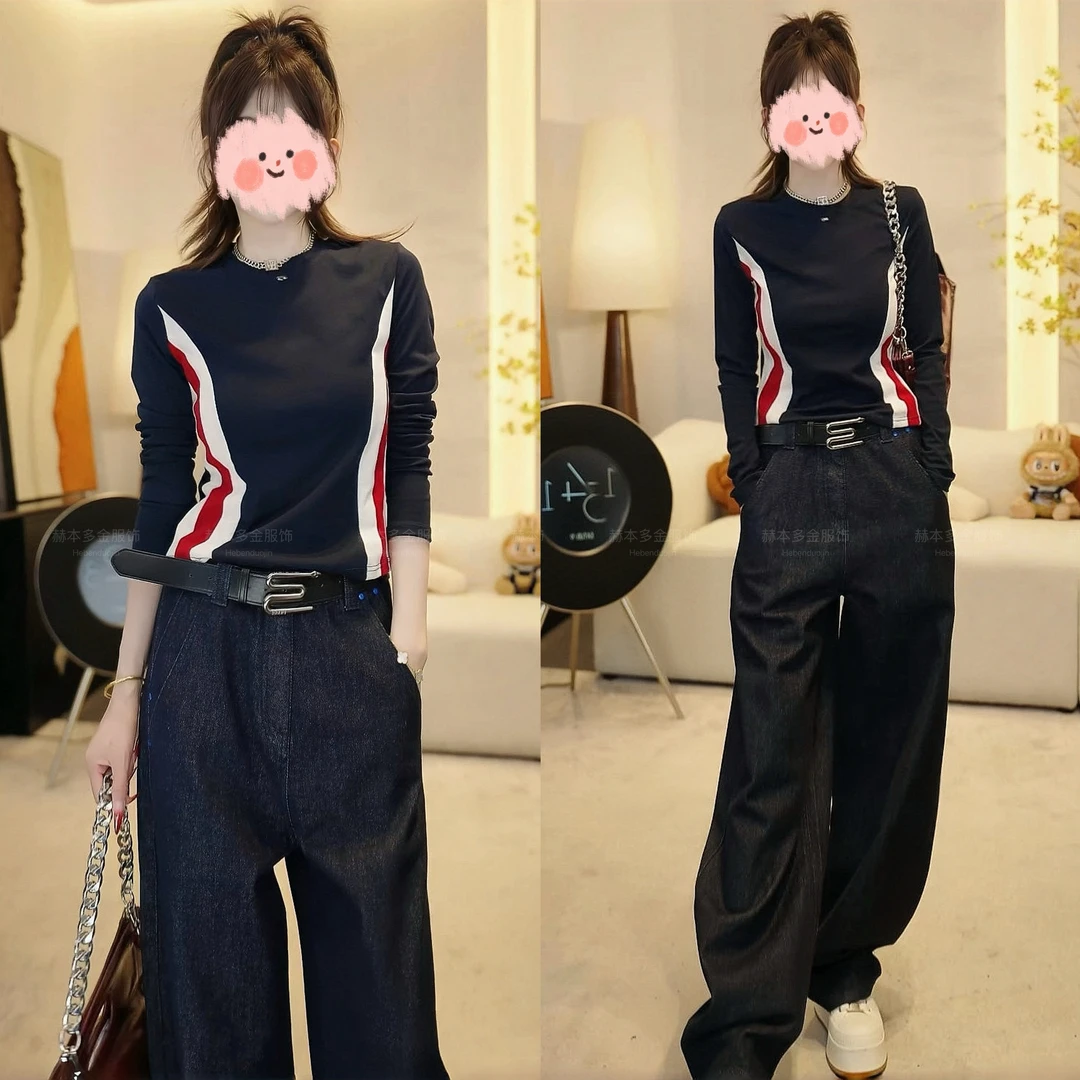 2025早秋新款轻职风修身显瘦拼接长袖上衣宽松舒适休闲牛仔裤套装