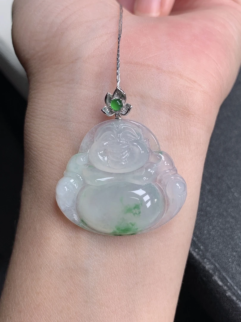 天然缅甸A货翡翠18K金镶嵌糯冰绿花精美佛公吊坠 尺寸34x32x5.8mm