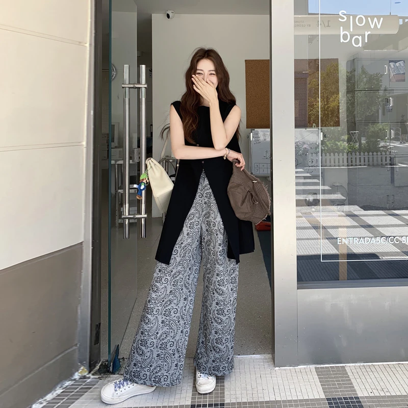 韩系炸街小众穿搭套装女2025设计感显瘦无袖上衣印花阔腿裤两件套
