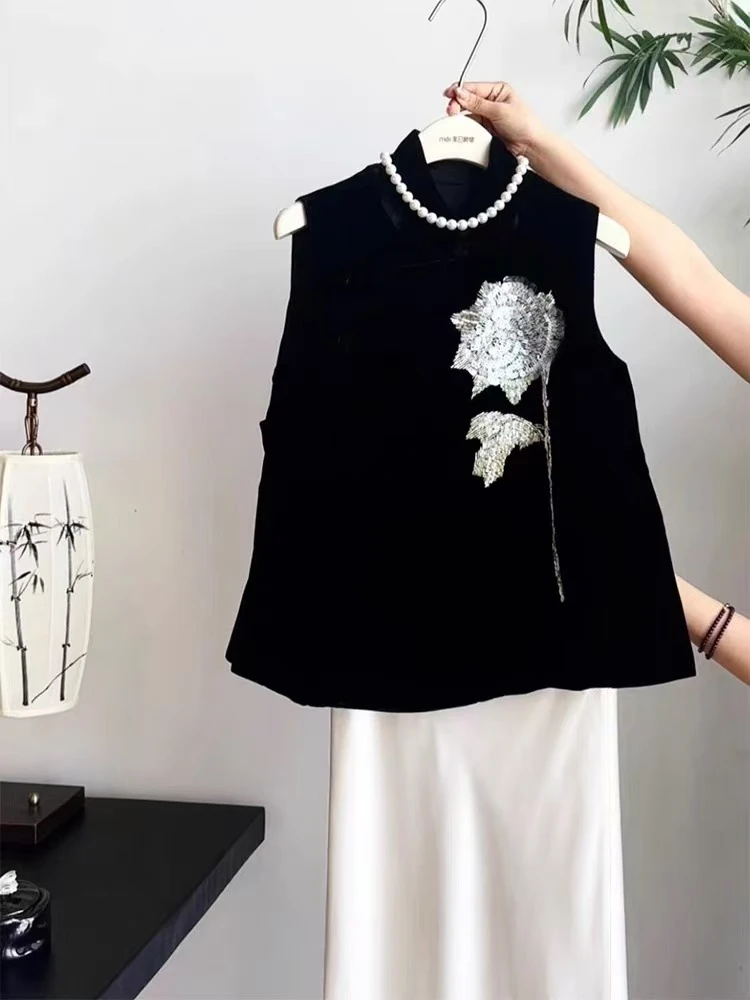 薄款夏季圆领复古刺绣宽松型马夹印花上衣无袖山系