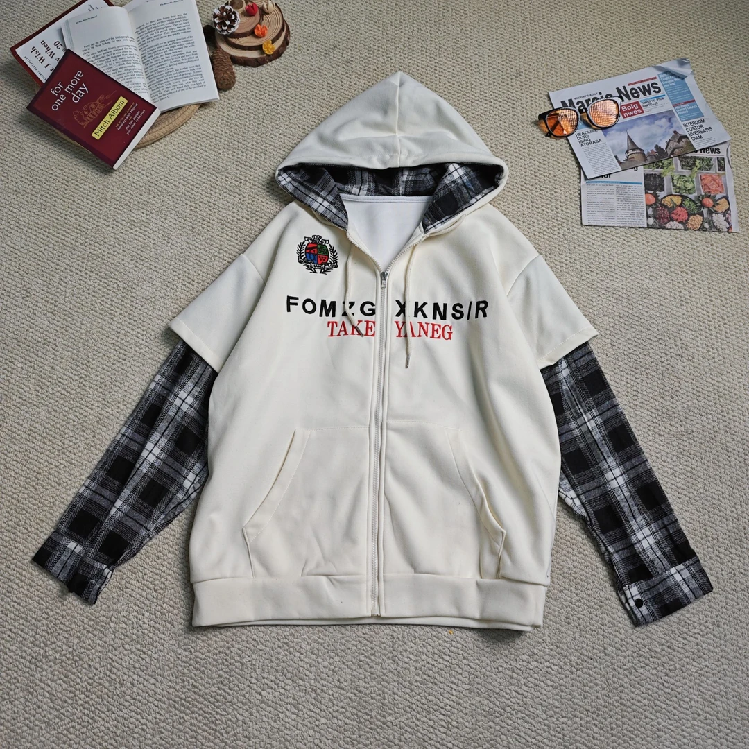 2025早春新款时尚百搭连帽拼格子长袖厚外套9118