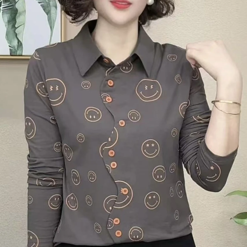 2025春季新款气质百搭显瘦印花翻领长袖时尚洋气女士上衣