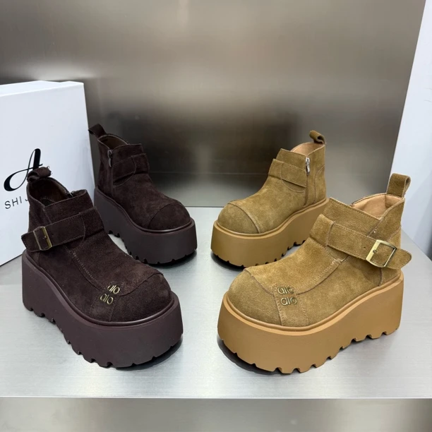 新款厚底松糕磨砂皮秋冬加绒米奇头短靴底厚8公分增高洋气百搭